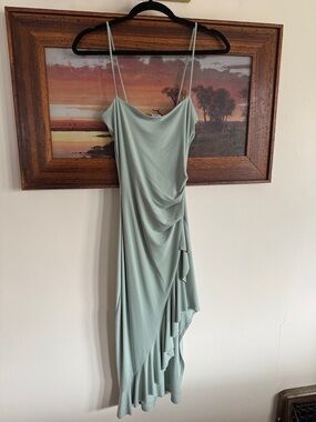 Sage Green Asymmetric Slip Dress with Ruffle Detail